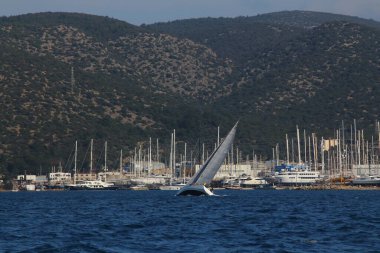 Bodrum, Hindi. 09 Şubat 2019: Yelkenliler Ege Denizi 'nin mavi sularında, ünlü tatil beldesi Bodrum' un kıyılarında rüzgarlı havada yelken açıyorlar..