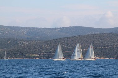 Bodrum, Hindi. 09 Şubat 2019: Yelkenliler Ege Denizi 'nin mavi sularında, ünlü tatil beldesi Bodrum' un kıyılarında rüzgarlı havada yelken açıyorlar..