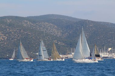 Bodrum, Hindi. 09 Şubat 2019: Yelkenliler Ege Denizi 'nin mavi sularında, ünlü tatil beldesi Bodrum' un kıyılarında rüzgarlı havada yelken açıyorlar..