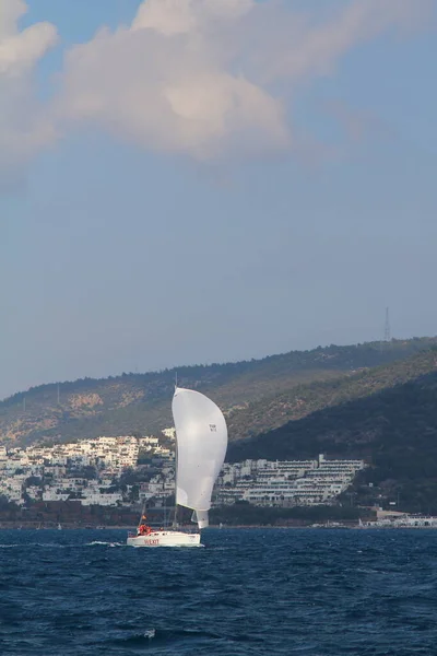 トルコのボドルム 2019年2月9日 エーゲ海の青い海 有名な休日の目的地の海岸で風の強い天候の中で帆船が出航するボドルム — ストック写真
