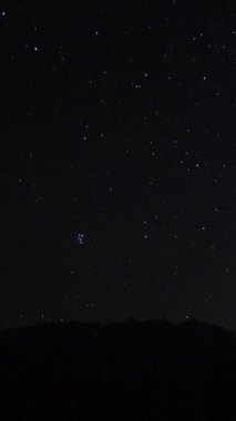 Önünde bir dağ tepesi olan Samanyolu 'nun yıldızlarının görüntüsü. Gece gökyüzü doğa yaz manzarası. Perseid Meteor yağmuru gözlemi. Sosyal medya için dikey video.
