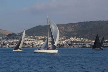 Bodrum, Hindi. 09 Şubat 2019: Yelkenliler Ege Denizi 'nin mavi sularında, ünlü tatil beldesi Bodrum' un kıyılarında rüzgarlı havada yelken açıyorlar..