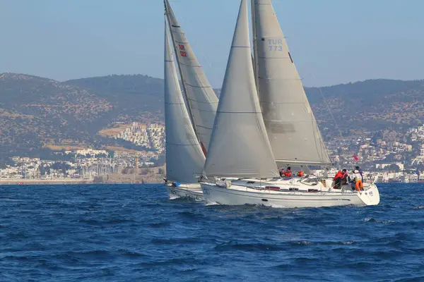 Bodrum, Hindi. 10 Şubat 2019: Yelkenliler Ege Denizi 'nin mavi sularında, ünlü tatil beldesi Bodrum' un kıyılarında rüzgarlı havada yelken açıyorlar..