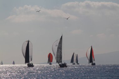 Bodrum, Hindi. 10 Şubat 2019: Yelkenliler Ege Denizi 'nin mavi sularında, ünlü tatil beldesi Bodrum' un kıyılarında rüzgarlı havada yelken açıyorlar..