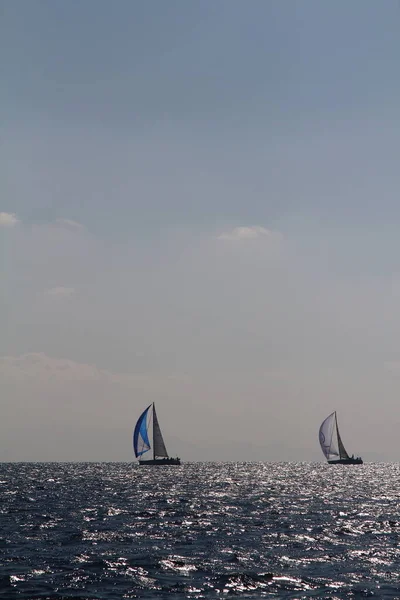 ボドルム トルコ 2019 有名な休日の目的地ボドルムの海岸エーゲ海の青い海で風の強い天候で帆船 — ストック写真