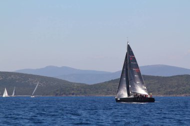 Bodrum, Hindi. 23 Mart 2019: Yelkenliler Ege Denizi 'nin mavi sularında, ünlü tatil beldesi Bodrum' un kıyılarında rüzgarlı havada yelken açıyorlar..