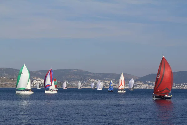 Bodrum Turkiet Januari 2020 Segelbåtar Seglar Blåsigt Väder Egeiska Havets — Stockfoto