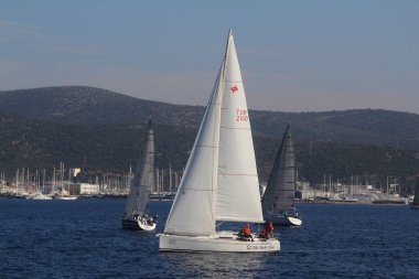 Bodrum, Hindi. 18 Ocak 2020: Yelkenliler Ege Denizi 'nin mavi sularında, ünlü tatil beldesi Bodrum' un kıyılarında rüzgarlı havada yelken açıyor..