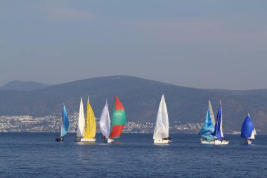Bodrum, Hindi. 18 Ocak 2020: Yelkenliler Ege Denizi 'nin mavi sularında, ünlü tatil beldesi Bodrum' un kıyılarında rüzgarlı havada yelken açıyor..