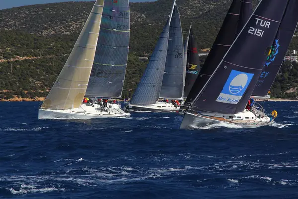 Bodrum, Hindi. 09 Şubat 2020: Ege Denizi 'nin mavi sularında, ünlü tatil beldesi Bodrum' un kıyılarında yelkenliler rüzgarlı havada yelken açıyor.