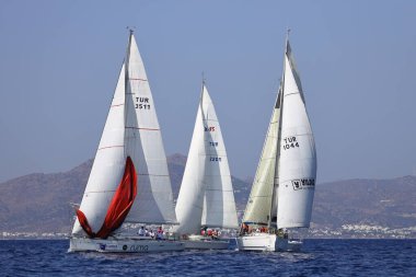 Bodrum, Hindi. 08 Ekim 2023: Yelkenliler Ege Denizi 'nin mavi sularında, ünlü tatil beldesi Bodrum' un kıyılarında rüzgarlı havada yelken açıyorlar..