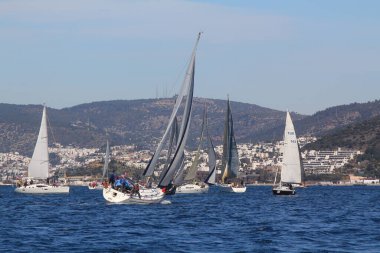 Bodrum, Hindi. 01 Mart 2020: Yelkenliler Ege Denizi 'nin mavi sularında, ünlü tatil beldesi Bodrum' un kıyılarında rüzgarlı havada yelken açıyor..