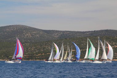 Bodrum, Hindi. 01 Mart 2020: Yelkenliler Ege Denizi 'nin mavi sularında, ünlü tatil beldesi Bodrum' un kıyılarında rüzgarlı havada yelken açıyor..
