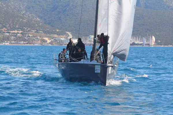 Bodrum, Hindi. 01 Mart 2020: Yelkenliler Ege Denizi 'nin mavi sularında, ünlü tatil beldesi Bodrum' un kıyılarında rüzgarlı havada yelken açıyor..