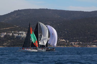 Bodrum, Hindi. 01 Mart 2020: Yelkenliler Ege Denizi 'nin mavi sularında, ünlü tatil beldesi Bodrum' un kıyılarında rüzgarlı havada yelken açıyor..