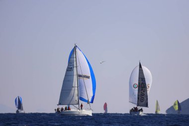 Bodrum, Hindi. 13 Ocak 2024: Yelkenliler Ege Denizi 'nin mavi sularında, ünlü tatil beldesi Bodrum' un kıyılarında rüzgarlı havada yelken açıyorlar..