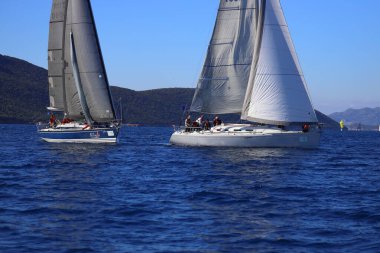 Bodrum, Hindi. 14 Ocak 2024: Yelkenliler Ege Denizi 'nin mavi sularında, ünlü tatil beldesi Bodrum' un kıyılarında rüzgarlı havada yelken açıyorlar..