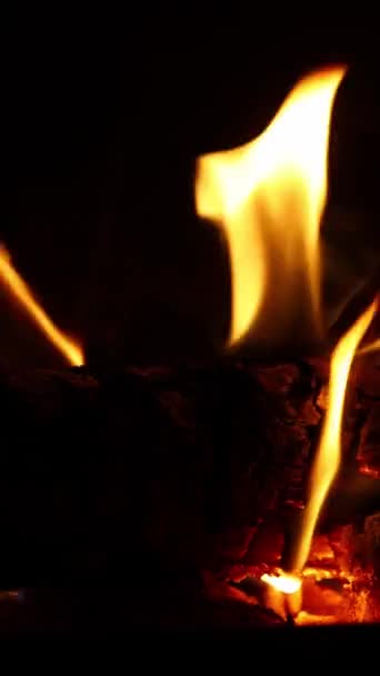 レンガの暖炉で木を燃やしています 火が燃えている火の暖炉 暖炉の暗闇に火がついている ソーシャルメディアの垂直ビデオ — ストック動画