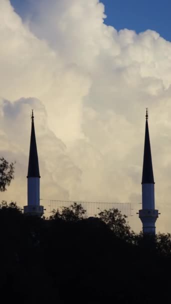青い朝の空の背景にある2つのミナレット 4Kタイムラプス ソーシャルメディア向けの垂直ビデオ — ストック動画