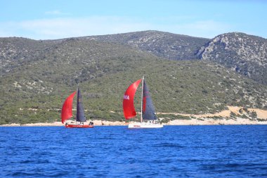 Bodrum, Hindi. 25 Şubat 2024: Ege Denizi 'nin mavi sularında, ünlü tatil beldesi Bodrum' un kıyılarında, rüzgarlı havada yelkenliler yelken açıyor.