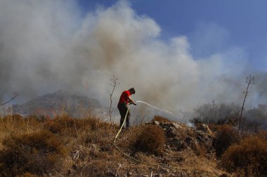 Bodrum, Hindi. 01 Ağustos 2020: Çimen tarlalarında, ormanlarda ve gökyüzüne siyah beyaz dumanlar saçan kırmızı ateş alevi. Yakından büyük bir yangın var. Hava konseptinde kirlilik.