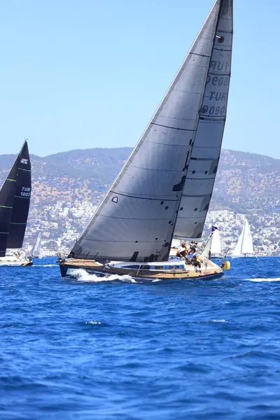 Bodrum, Hindi. 27 Nisan 2024: Ege Denizi 'nin mavi sularında, ünlü tatil beldesi Bodrum' un kıyılarında yelkenliler rüzgarlı havada yelken açıyor.