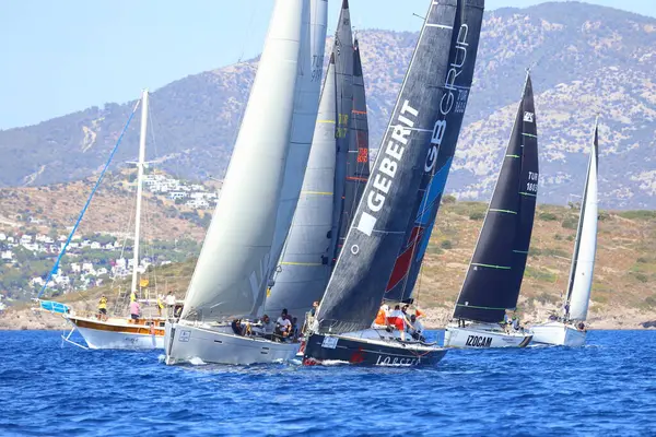 Bodrum, Hindi. 05 Ekim 2024: Ege Denizi 'nin mavi sularında, ünlü tatil beldesi Bodrum' un kıyılarında yelkenliler rüzgarlı havada yelken açıyor.