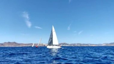Bodrum, Hindi. 05 Ekim 2024: Ege Denizi 'nin mavi sularında, ünlü tatil beldesi Bodrum' un kıyılarında yelkenliler rüzgarlı havada yelken açıyor.