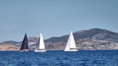 Bodrum, Hindi. 06 Ekim 2024: Yelkenliler Ege Denizi 'nin mavi sularında, ünlü tatil beldesi Bodrum' un kıyılarında rüzgarlı havada yelken açıyor.