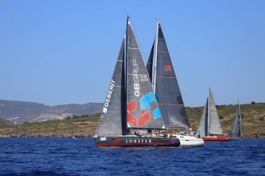 Bodrum, Hindi. 06 Ekim 2024: Yelkenliler Ege Denizi 'nin mavi sularında, ünlü tatil beldesi Bodrum' un kıyılarında rüzgarlı havada yelken açıyor.