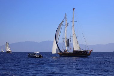 Bodrum, Türkiye, 23 Ekim 2024: Bodrum Yelkenli Kupası, Gulet Tahta Yelkenli ve yelkenli yarışı.