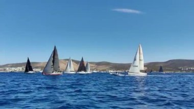 Bodrum, Hindi. 06 Ekim 2024: Yelkenliler Ege Denizi 'nin mavi sularında, ünlü tatil beldesi Bodrum' un kıyılarında rüzgarlı havada yelken açıyor.