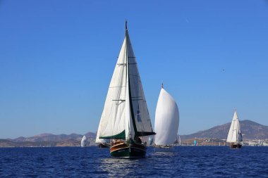 Bodrum, Türkiye, 22 Ekim 2024: Bodrum Yelkenli Kupası, Gulet Tahta Yelkenli ve yelkenli yarışı.
