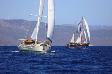 Bodrum, Türkiye, 22 Ekim 2024: Bodrum Yelkenli Kupası, Gulet Tahta Yelkenli ve yelkenli yarışı.