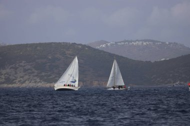 Bodrum, Türkiye, 23 Kasım 2024: Geleneksel Türk teknesi veya Gulet denizde seyrediyor. Ege 'nin Bodrum plajı yakınlarındaki Turistik Yelkenliler.