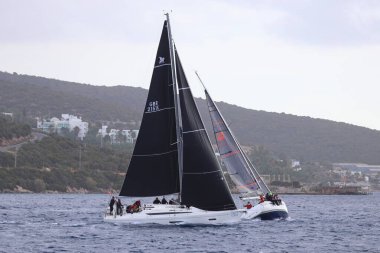 Bodrum, Hindi. 23 Kasım 2024: Yelkenliler Ege Denizi 'nin mavi sularında, ünlü tatil beldesi Bodrum' un kıyılarında rüzgarlı havada yelken açıyorlar..