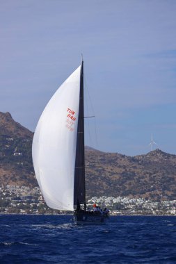 Bodrum, Hindi. 19 Ekim 2024: Yelkenliler Ege Denizi 'nin mavi sularında, ünlü tatil beldesi Bodrum' un kıyılarında rüzgarlı havada yelken açıyorlar..