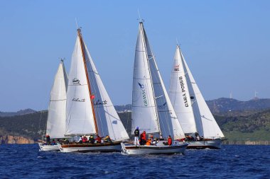 Bodrum, Türkiye, 08 Şubat 2025: Geleneksel Türk teknesi veya Gulet denizde seyrediyor. Ege 'nin Bodrum plajı yakınlarındaki turistik yelkenli tekneleri. Bodrum 