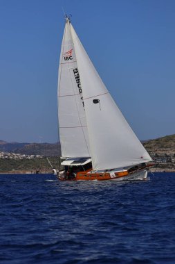 Bodrum, Türkiye, 08 Şubat 2025: Geleneksel Türk teknesi veya Gulet denizde seyrediyor. Ege 'nin Bodrum plajı yakınlarındaki turistik yelkenli tekneleri. Bodrum 