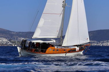 Bodrum, Türkiye, 08 Şubat 2025: Geleneksel Türk teknesi veya Gulet denizde seyrediyor. Bodrum 