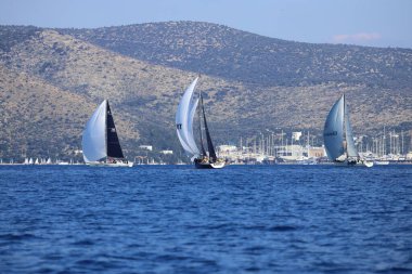 Bodrum, Hindi. 02 Şubat 2025: Ege Denizi 'nin mavi sularında, ünlü tatil beldesi Bodrum' un kıyılarında yelkenliler rüzgarlı havada yelken açıyor.