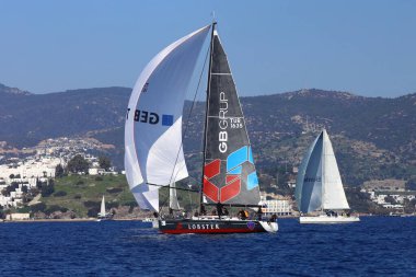 Bodrum, Hindi. 02 Şubat 2025: Ege Denizi 'nin mavi sularında, ünlü tatil beldesi Bodrum' un kıyılarında yelkenliler rüzgarlı havada yelken açıyor.