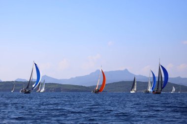 Bodrum, Hindi. 02 Şubat 2025: Ege Denizi 'nin mavi sularında, ünlü tatil beldesi Bodrum' un kıyılarında yelkenliler rüzgarlı havada yelken açıyor.