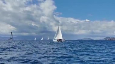 Bodrum, Hindi. 06 Nisan 2025: Ege Denizi 'nin mavi sularında, ünlü tatil beldesi Bodrum' un kıyılarında yelkenliler rüzgarlı havada yelken açıyor.