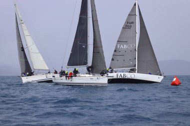 Bodrum, Hindi. 06 Nisan 2025: Ege Denizi 'nin mavi sularında, ünlü tatil beldesi Bodrum' un kıyılarında yelkenliler rüzgarlı havada yelken açıyor.