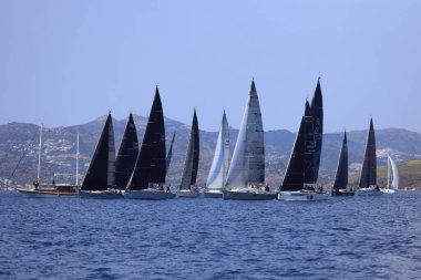 Bodrum, Hindi. 27 Nisan 2025: Ege Denizi 'nin mavi sularında, ünlü tatil beldesi Bodrum' un kıyılarında yelkenliler rüzgarlı havada yelken açıyor.