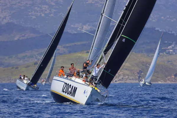 Bodrum, Hindi. 27 Nisan 2025: Ege Denizi 'nin mavi sularında, ünlü tatil beldesi Bodrum' un kıyılarında yelkenliler rüzgarlı havada yelken açıyor.