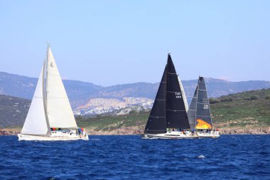 Bodrum, Hindi. 01 Şubat 2025: Ege Denizi 'nin mavi sularında, ünlü tatil beldesi Bodrum' un kıyılarında, rüzgarlı havada yelkenliler yelken açıyor.