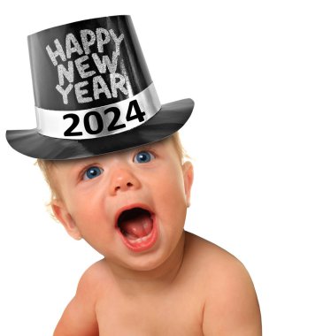 Ten month old baby boy crying and wearing a happy New Year top hat. 2024 clipart