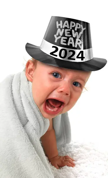 Tio Månader Gammal Pojke Gråter Och Bär Glad Nyårshatt 2024 — Stockfoto